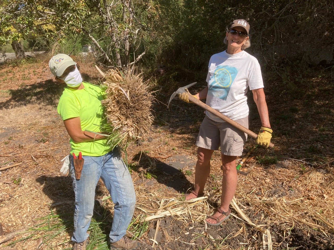 One person showing off an extracted pampas grass plant, and another person smiling and holding a pickaxe.